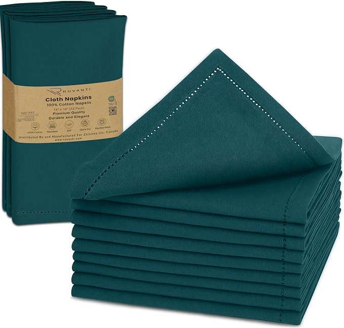 Ruvanti Cloth Napkins Set of 12, 100% Cotton High GSM 18x18 Inches, Hem Stitched Corners, Soft, Washable, Highly Durable & Absorbent, Perfect for Parties, Christmas, Thanksgiving Dinners – Deep Teal by Ruvanti