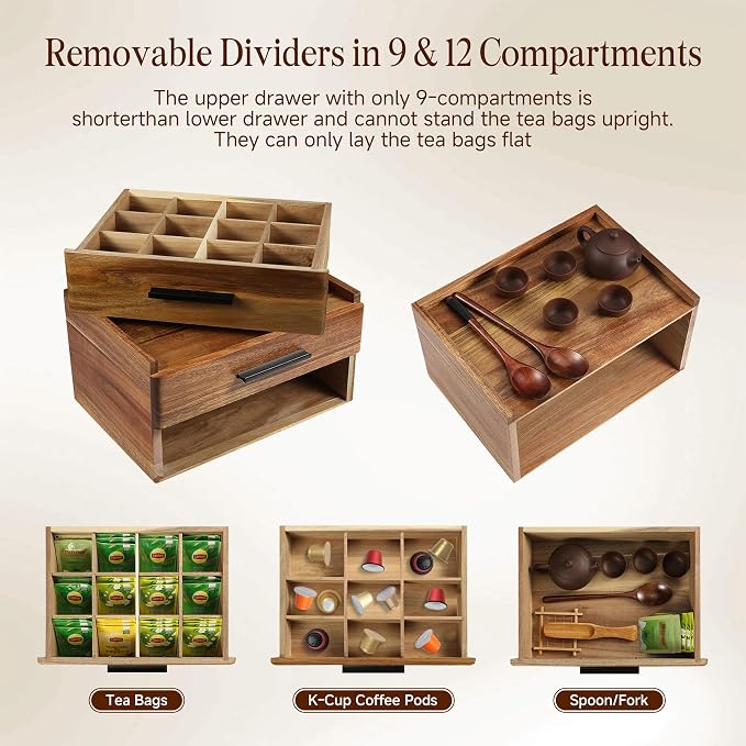 Acacia Wood Tea Bag Organizer - Double-Drawer Tea Box(21-Compartment) | With Gift Box, Countertop Tea Station Caddy for Home Office & Cabinet - Image 4
