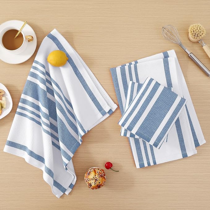 Homaxy Premium Cotton Stripe Kitchen Towels 8 Pack, 18"x 28", Navy Blue | Large 380 GSM Kitchen Hand Towels, Soft Terry Dish Towels, Highly Absorbent Tea Towel Set with Hanging Loop - Image 6