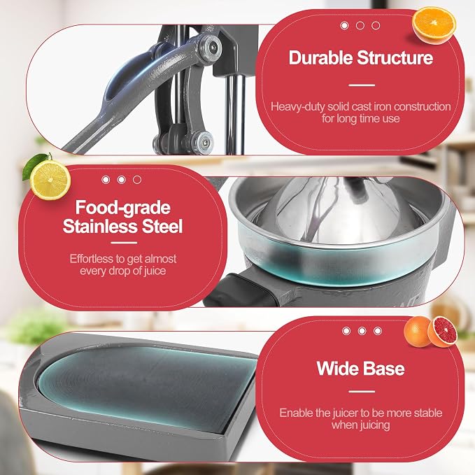 18 Inch Height Commercial Heavy Duty Cast Iron Hand Press Manual Orange Citrus Lemon Lime Grapefruit Pomegranate Fruit Juice Squeezer Machine with Stainless Steel Cup and Durable Base Grey - Image 4