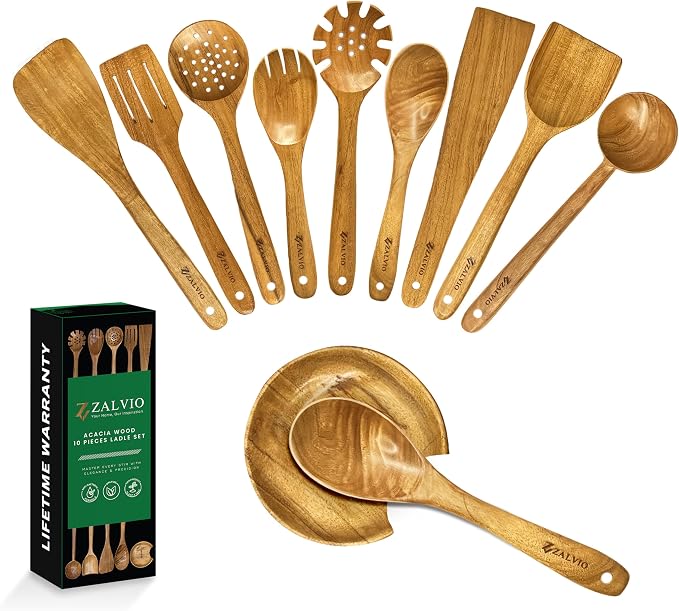 Zalvio 10-Piece Acacia Wood Utensil Set – Handmade Wooden Spoons with Spoon Rest | Heat-Resistant Eco-Friendly Cooking Tools for Nonstick Cookware by Zalvio