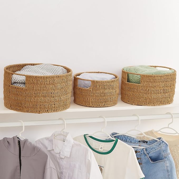 Wicker Storage Basket, Hand-Woven Paper Rope Large Round Woven Basket With Handles, Wicker Baskets for Organizing/Storage, Natural, 3-Pack - Image 7