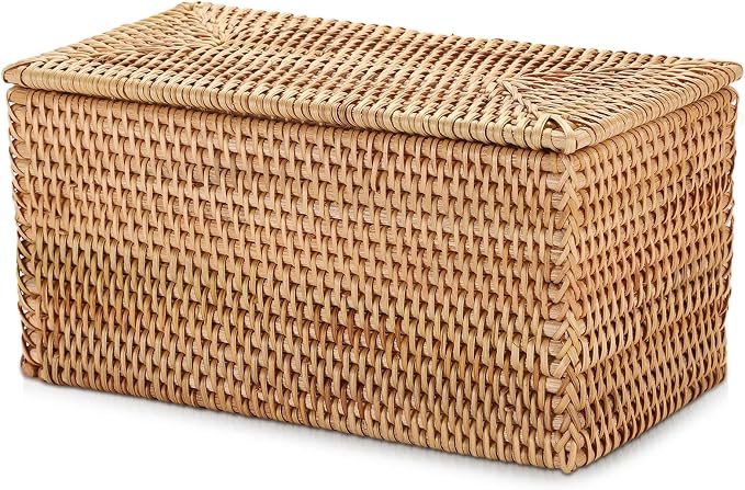 Hipiwe Rattan Basket Storage Box with Lid Handwoven Lidded Wicker Baskets | Decorative Baskets Bin Rectangular Household Baskets for Shelf Organizing Home Decor, 11.8"Lx6.2"Wx6.1"H - Image 9