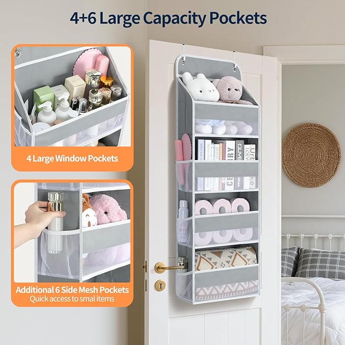 Yecaye Over The Door Organizer, Heavy Duty Hanging Organizers and Storage with 4 Large Capacity Pockets, Swing-Proof Behind The Door Storage for Bathroom Nursery Bedroom Dorm Closet, Grey,1Pc - Image 2