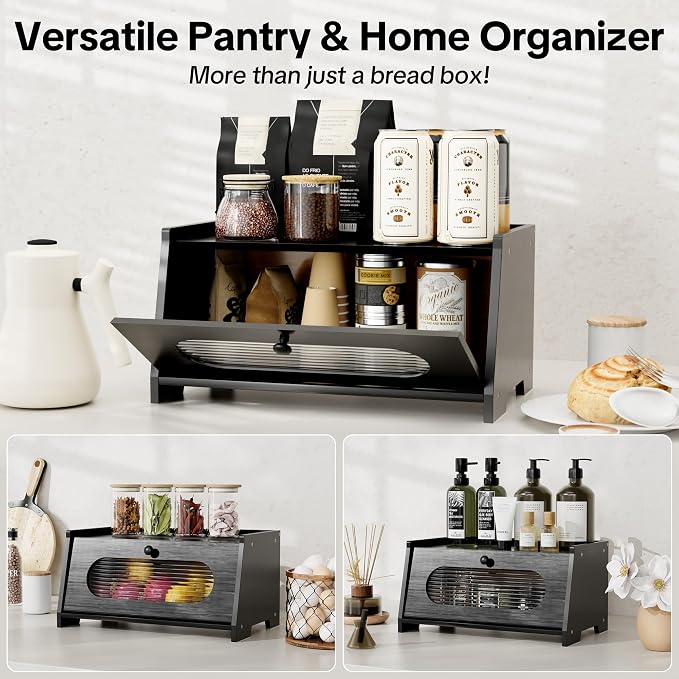 Black Bread Box for Kitchen Countertop,Large Capacity Kitchen Countertop Organizer,Bread Storage with Acrylic Window for Cabinet,Pantry,Cupboard - Image 5