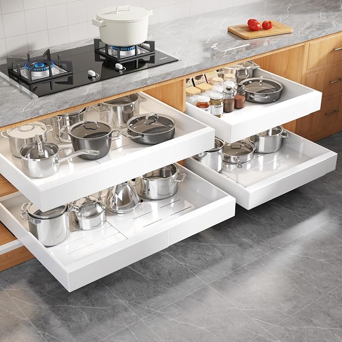 Seinloes 4 Pack Expandable Width (15.15"-26.3") Pull Out Cabinet Organizer 21" Deep with Raising Pad for Framed Cabinets, Upgrade 3 Slide Rails Slide Out Drawers, Roll Out Shelves Adhesive, White by Seinloes