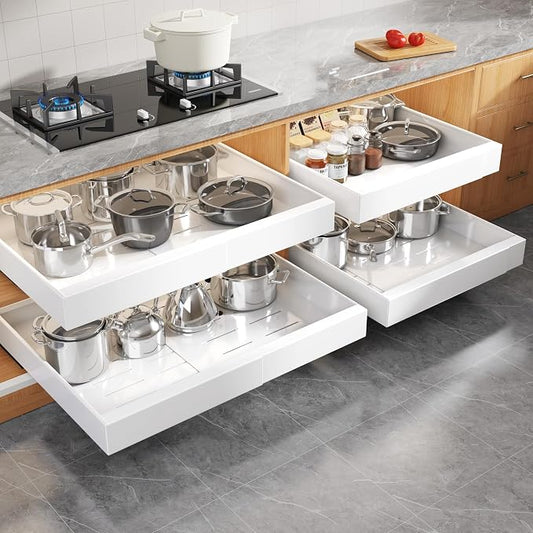 Seinloes 4 Pack Expandable Width (15.15"-26.3") Pull Out Cabinet Organizer 21" Deep with Raising Pad for Framed Cabinets, Upgrade 3 Slide Rails Slide Out Drawers, Roll Out Shelves Adhesive, White by Seinloes