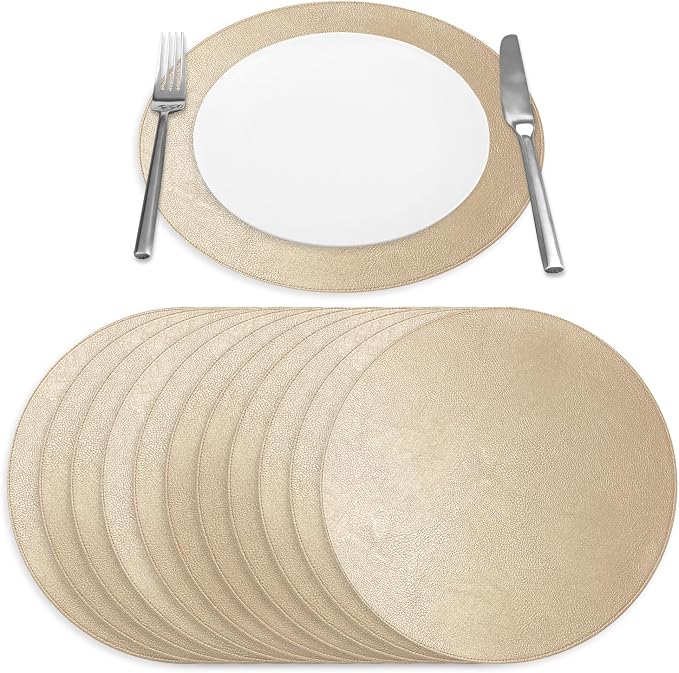 Morgan Faux Leather Set of 12 Placemats, 15" Round, Champagne, Heat Resistant, Stain Resistant, Non-Slip, Reversible, Durable Table Mats for Kitchen, Dining Table, Indoor Washable Use - Image 5