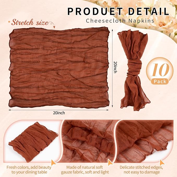 10 Pack Terracotta Cheesecloth Napkins 20"x20" Boho Washable Cloth Napkins Set of 10 Wrinkled Cheese Cloth Napkins Gauze Dinner Table Napkin for Wedding Party Baby Shower Birthday Decor - Image 2