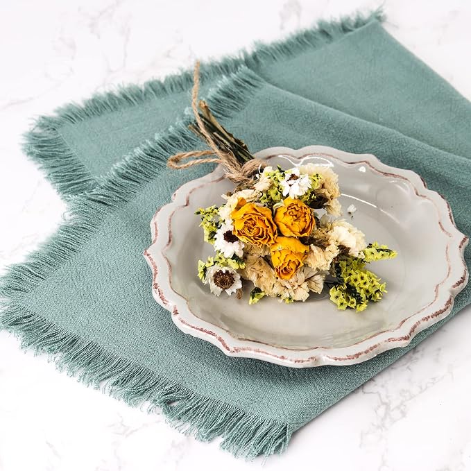 Handmade Cloth Napkins with Fringe,18 x 18 Inches Cotton Linen Napkins Set of 6 Versatile Handmade Square Rustic Fringe Napkins for Dinner, Wedding and Parties, Sage - Image 3