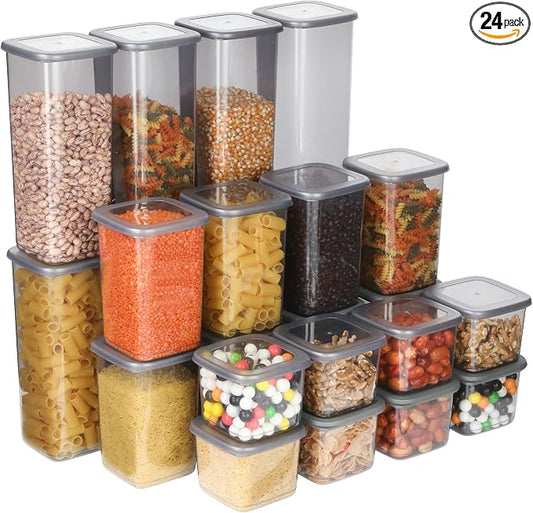 T&D HOME GOODS Storage Jars with Lid, Airtight, Set of 24 Storage Containers, BPA-Free, Storage Container for Cereal, Flour, Kitchen, Practical Organiser Kitchen, (24, 3 Square diff size) by Unknown