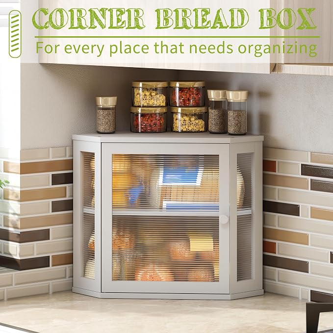 BMOSU Corner Bread Box for Kitchen Countertop Double Layer Bamboo Wooden Bread box Large Capacity Bread Storage Bin(White, Medium) - Image 3