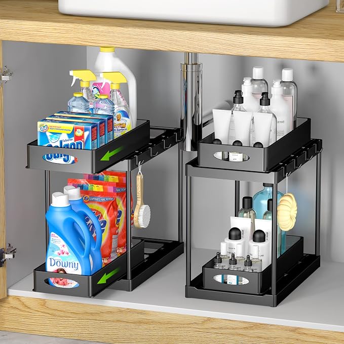 Under Sink Organizer and Storage, 2 Tier Under Sink Organizer with Sliding Pull Out Drawer for Kitchen Bathroom Cabinet Shelf Basket with 8 Hooks (2 Pack) by HEROPIE