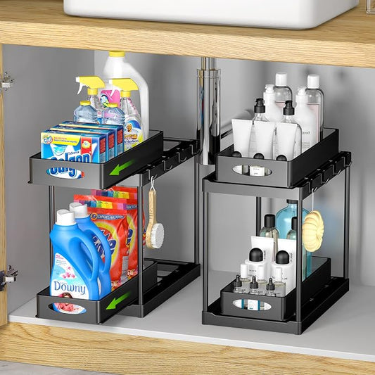 Under Sink Organizer and Storage, 2 Tier Under Sink Organizer with Sliding Pull Out Drawer for Kitchen Bathroom Cabinet Shelf Basket with 8 Hooks (2 Pack) by HEROPIE