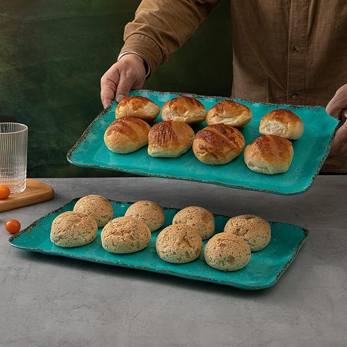 LEHAHA Vintage Melamine Serving Tray Set, Rectangular Large Serving Trays/Platters Set for Serving Food, BPA Free Food Serving Platters and Trays, Set of 2, 17.5"x 10", Teal - Image 2