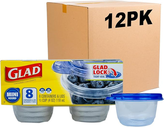 Glad GladWare Mini Round Food Storage Containers, 4 Oz, 8 Ct, 12-Pk | BPA-free plastic, lock-tight seal, reusable and stackable, snacks and portion control by GladTrashFoodStorage