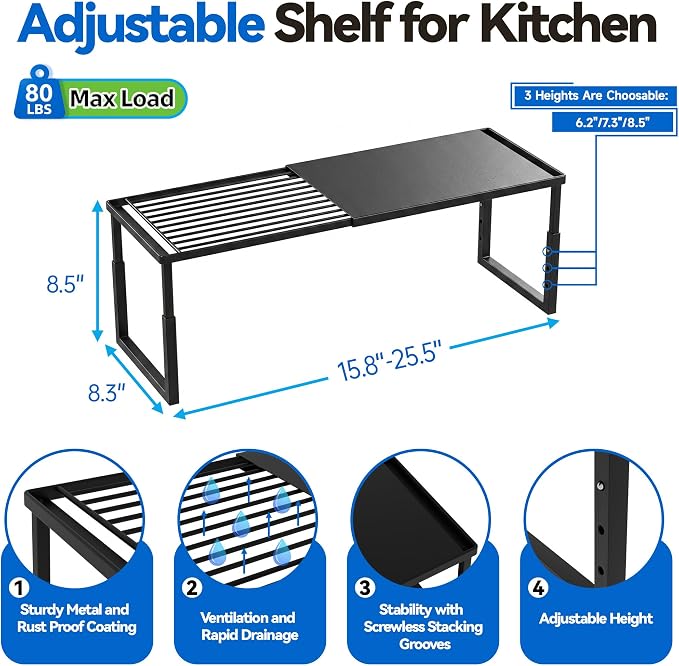 2 Packs Expandable Cabinet Shelf Organizer, Stackable Countertop Shelves | 15.8''- 25.5'' In Cabinet Shelf, Adjustable Kitchen Cabinet Organizer for Pantry Organizer, CupBoard Organizers and Storage - Image 7