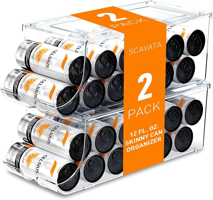 SCAVATA 2 Pack Skinny Can Organizer for Refrigerator, Stackable Tall Skinny Soda Pop Can Holder Dispenser with Lid for Fridge Pantry Rack Freezer, Clear Plastic Storage Bins-Holds 12 Slim Cans Each by Tidyyourlife