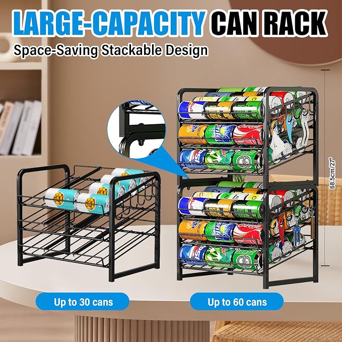6-Tier Stackable Soda Can Rack Organizer for Pantry, Black, 2 Pack | Adjustable Can Dispenser Holds Up to 60 Cans, with 12 Hooks,Can Storage Holder for Various Ounces of Canned Food Soda Drinks - Image 5