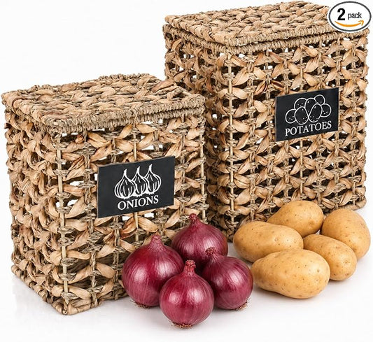 2 Pack Potato and Onion Storage Bin, Stackable Woven Basket with Lid, Vegetable Fruit Basket for Kitchen Counter, Produce Holder with Aerating Holes, Pantry Organizers and Storage, Metal by Unknown
