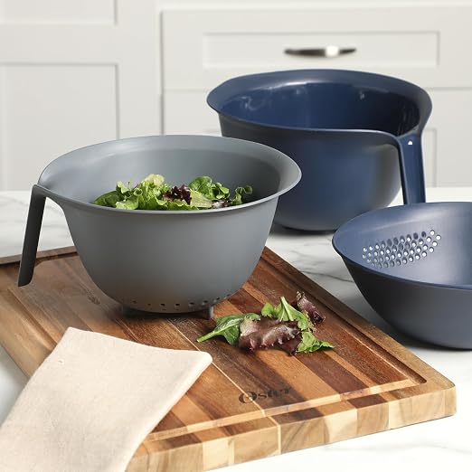 Oster Bluemarine 3 Piece PP Stackable Space-Saving Colander and Mixing Bowl Set - Image 2