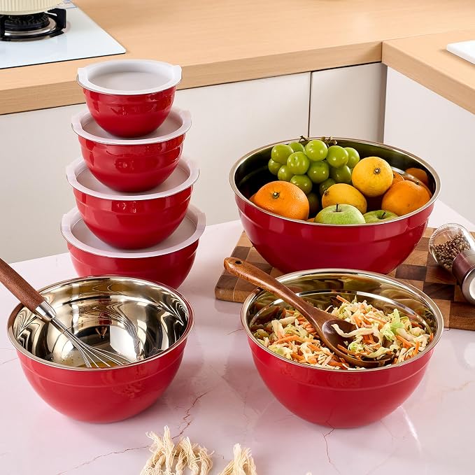 Red Mixing Bowls with Airtight Lids, Stainless Steel Nesting Mixing Bowls Set of 7, Ideal for Baking, Prepping and Serving Food, Size 7, 3.6, 2.7, 2.1, 1.5, 1.1,0.8 QT, Stackable Design - Image 9