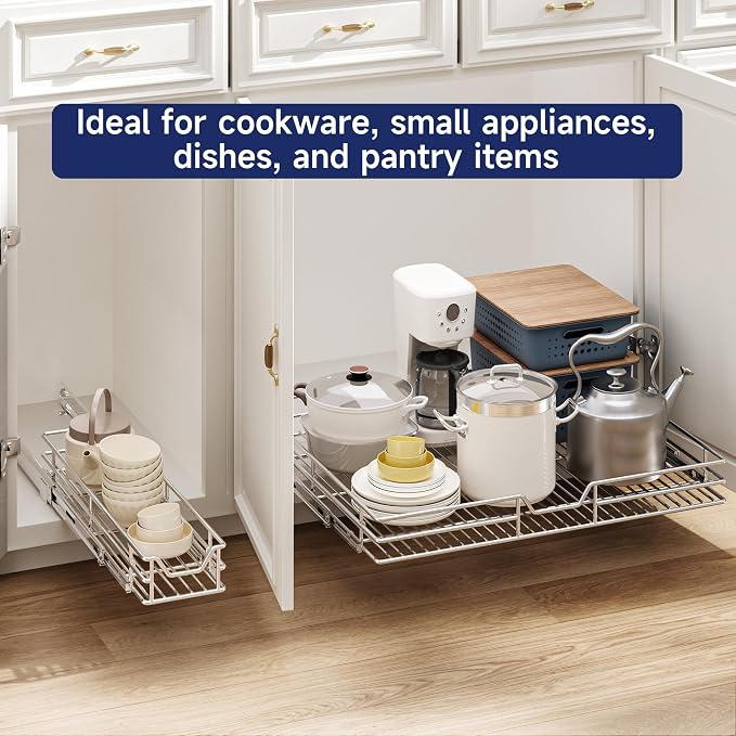 Pull Out Cabinet Organizer, 27" W x 21.5" D, Heavy Duty Chrome Slide Out Shelf for Wide Base Cabinets, Sliding Wire Basket Drawer for Pots, Pans, Appliances & Pantry Storage - Image 7