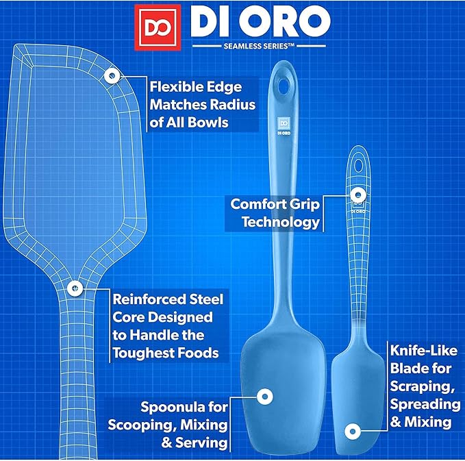 DI ORO Silicone Spatula Set - Rubber Kitchen Spatulas for Baking, Cooking, & Mixing - 600°F Heat-Resistant & BPA Free Silicone Scraper Spatulas for Nonstick Cookware - Dishwasher Safe (5pc, Blue) - Image 4