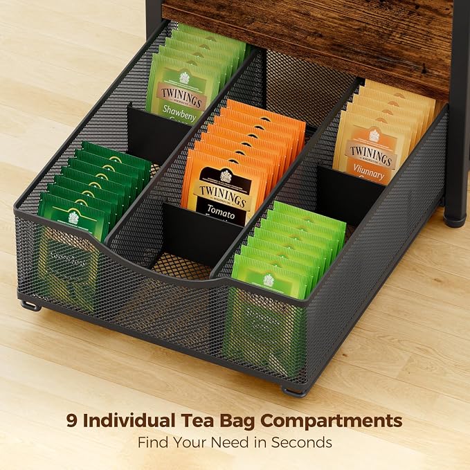 Plaviya 3-Tier Tea Bag Organizer with Drawer for Countertop | Tea Bag Holder and Storage, 9 Compartments, 6 Hooks for Cup, Utility Tea Box, Office, Kitchen, Rustic Brown - Image 4