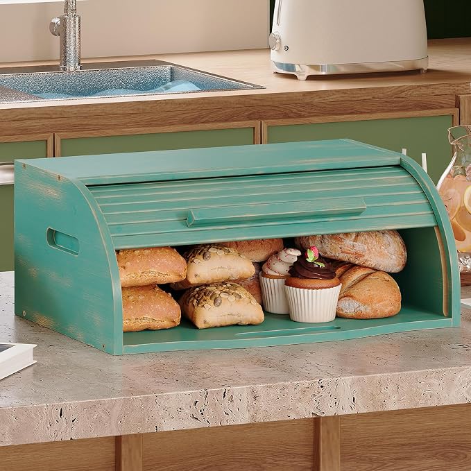 Trironsun Bamboo Roll Top Bread Box for Kitchen Countertop Large Capacity Bread Storage Bin Wooden Bread Storage Organizer Natural Breadbox for Food Storage (Antique Blue) - Image 2