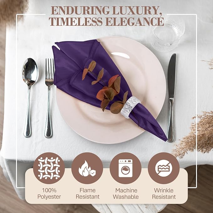 17x17-Inch Shantung Satin Cloth Napkins, Purple, Set of 36 | Bulk Case of 3 Dozen, Square, 100% Polyester Fabric, Reversible, Faux Dupioni Silk Reverse Side, Machine Washable - Image 2
