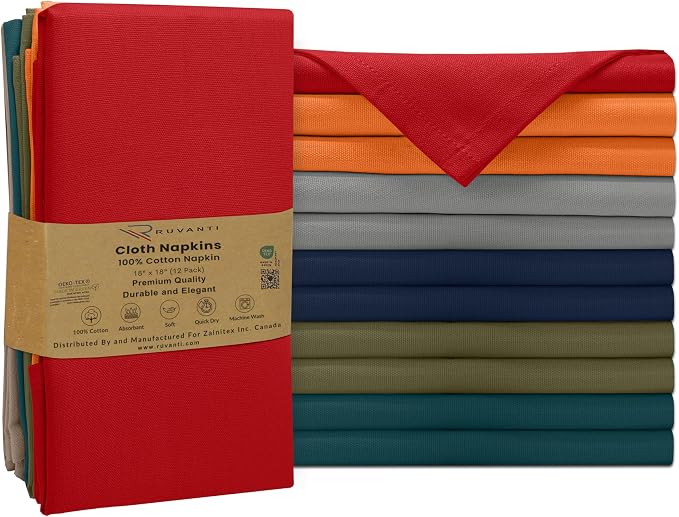 Ruvanti Cloth Napkins Set of 12, 100% Cotton High GSM 18x18 Inches Soft, Washable, Highly Durable & Absorbent, Perfect for Parties, Christmas, Thanksgiving Dinners – Multi Color by Ruvanti