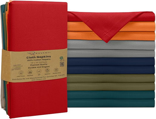 Ruvanti Cloth Napkins Set of 12, 100% Cotton High GSM 18x18 Inches Soft, Washable, Highly Durable & Absorbent, Perfect for Parties, Christmas, Thanksgiving Dinners – Multi Color by Ruvanti