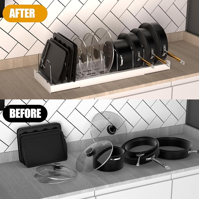 Pot and Pan Organizer 2 Pack,Expandable Lid Organizer Inside Cabinet | Easy to Install, Each Rack Contains 10 Frames, Easy to Clean, 304 Stainless Steel, High-Strength PP Plastic, White - Image 3