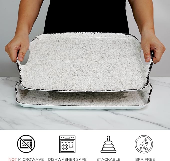 TP Melamine Serving Trays with Handles, 19" x 12", Set of 2, Rustic White | Large Rectangular Trays, Serving platters, Turkey and Party Serving, Lightweight, Break-resistant - Image 2