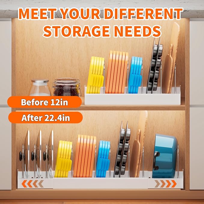 Antigo 2 Pack Expandable Pots and Pans Organizer, lid organizer | 9 Adjustable Stainless Steel Dividers，For Kitchen Countertop Cabinet and Pantry, For Food Container lid, 12.6"-22.4" Wide - Image 3