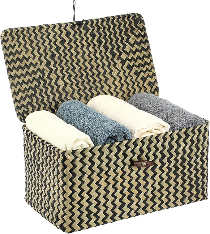 Hipiwe Wicker Shelf Baskets with Lid Seagrass Storage Baskets Handwoven Household Organizer Rectangular Woven Organizer Box for Storage Shelf Wardrobe,Medium - Image 8