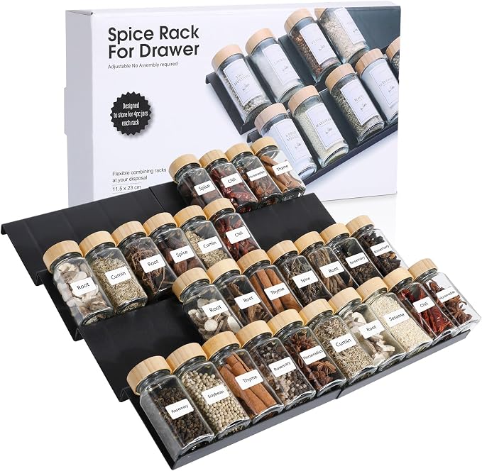 AiQInu Spice Rack Drawer 8 Pieces, Drawer Organiser System from 23 cm to 46 cm, Extendable Kitchen Shelf, Spice Stairs, Spice Insert Drawer, for Kitchen, Worktop, Cupboard, Shelf by AiQInu