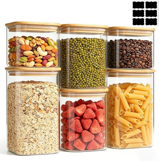ComSaf Glass Pantry Storage Containers (0.7qt/1.2qt/1.6qt) Set of 6 Jars | Glass Storage Containers With Lids, Rectangle Glass Canisters With Airtight Lids For Kitchen, Spices, Tea, Coffee, BPA Free by ComSaf