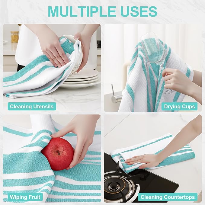 Homaxy Premium Cotton Stripe Kitchen Towels 8 Pack, 18"x 28", Teal | Large 380 GSM Kitchen Hand Towels, Soft Terry Dish Towels, Highly Absorbent Tea Towel Set with Hanging Loop - Image 4