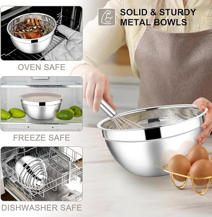 E-far Mixing Bowls with Lids Set, 21PCS Stainless Steel Mixing Salad Bowls with 3 Grater Attachments, Size 7, 4.6, 3.5, 2.6, 2, 1.5, 1QT, Nesting Design & Khaki Airtight Lid, For Baking/Prepping - Image 6