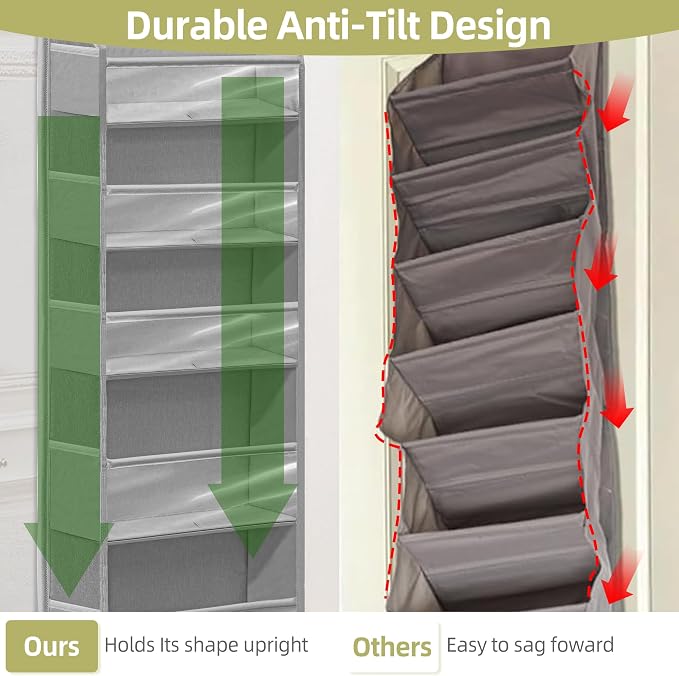Over Door Organizer with 6 Extra Large Pockets and 12 Side Pockets, Large Capacity Hanging Storage Organizer with Clear Window for Shoes, Diapers, Grey, 6 Layers, 2-Pack - Image 3