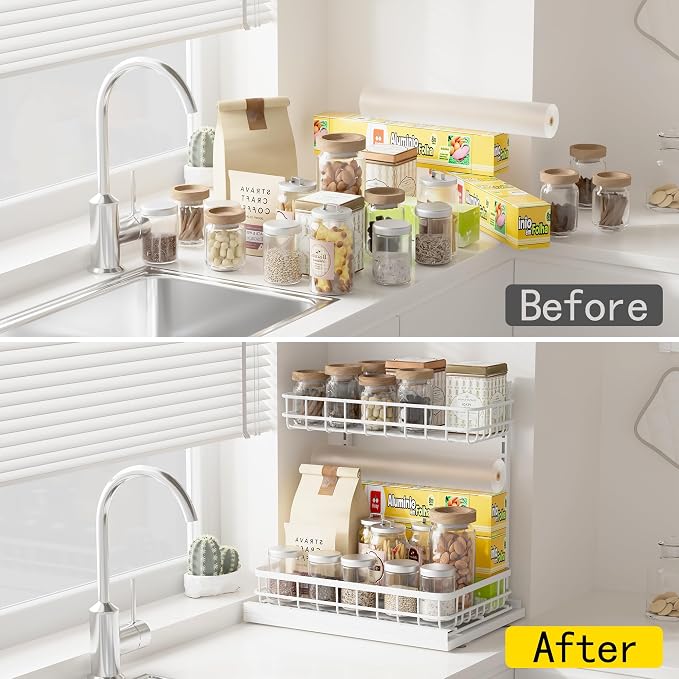 Under Sink Organizer, Adjustable Height Pull-Out Kitchen Storage Organization,15.8" x 11.8" x 16.5", 2-Tier Kitchen Shelf, Bathroom Drawer Organizer, 2 Pack|White - Image 5