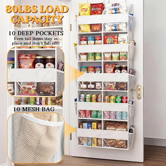 Over The Door Organizer 5 Tiers, Extra Large Behind Door Storage of 10 Compartments, 80 lbs Weight Capacity Hanging Storage Organizer with Clear Window Kids Toys, Shoes,Diapers, Room Storage, White - Image 3