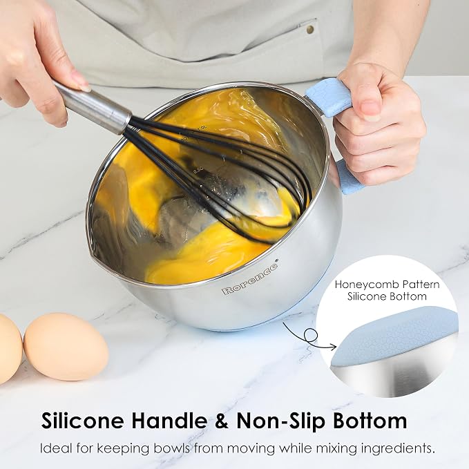 Stainless Steel Mixing Bowls Set with Lids,1.5,3 & 5 Qt,Light Blue | Non-Slip Silicone Base,Precision Pour Spout,Ergonomic Easy-Grip Handle,Measurement Marks,Airtight Lids,Cooking & Meal Prep - Image 3