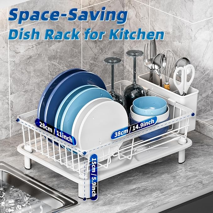 Dish Drying Rack, Stainless Steel-Dish Rack, (White-11 W x 15" L) | Dish Racks for Kitchen Counter, Kitchen Dish Drainers with Removable Utensil Holder,New drain outlet, - Image 2