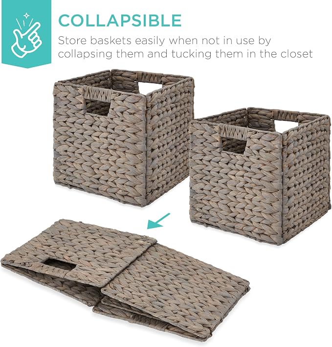 Best Choice Products 10.5x10.5in Pack of 5 Cube Storage Baskets, Water Hyacinth Multipurpose Collapsible Organizers, Handwoven Laundry Totes for Laundry, Living Room, Kids Room & Nursery - Gray - Image 3