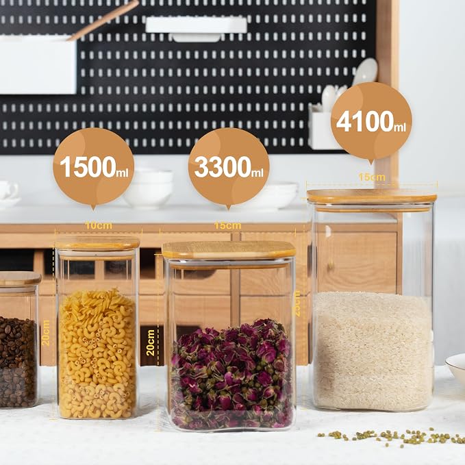 D2scrma 149oz 50oz Airtight Glass Square Storage Canister with Bamboo Lid Set of 2(4400ml*1 1500ml*1) Large Gallon Glass Jars for Sugar, Flour, Cookies and Coffee beans (‎with Black Lable) - Image 9