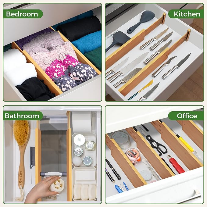 FJO 6 Pack Bamboo Drawer Dividers 4.65" High Adjustable from 17'' to 22'' | Strong Spring Loaded, Expandable Utensil Organizer, Works in Kitchen, Dresser, Closet, Bathroom, Bedroom,Office (Beige) - Image 6