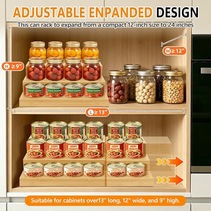 2 Pack 3-Tier Bamboo Expandable Can Rack Organizer for Pantry | Stackable Canned Food Organizers and Storage, Kitchen Cabinet, Food Can Holders Dispensers for Pantry Up To 48 Cans - Image 6